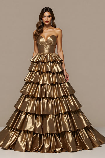 Tiered A Line Long Golden Prom Dress